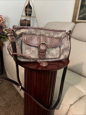 Liz Claiborne Metallic Taupe & Brown Croc-Accent Monogram Crossbody